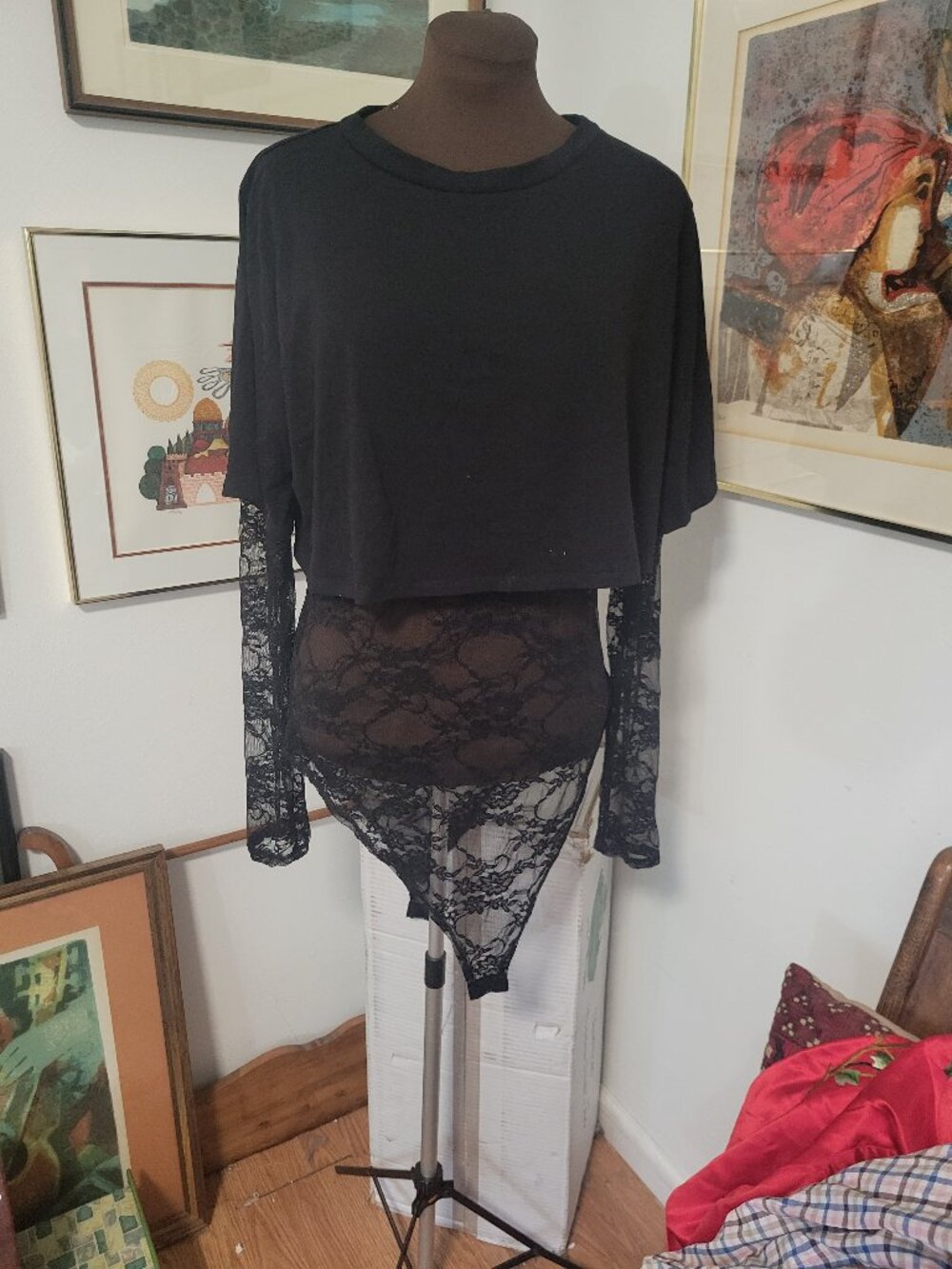 NWT fashion Nova Black Crop top with lace Onesie sewn together Size 2X